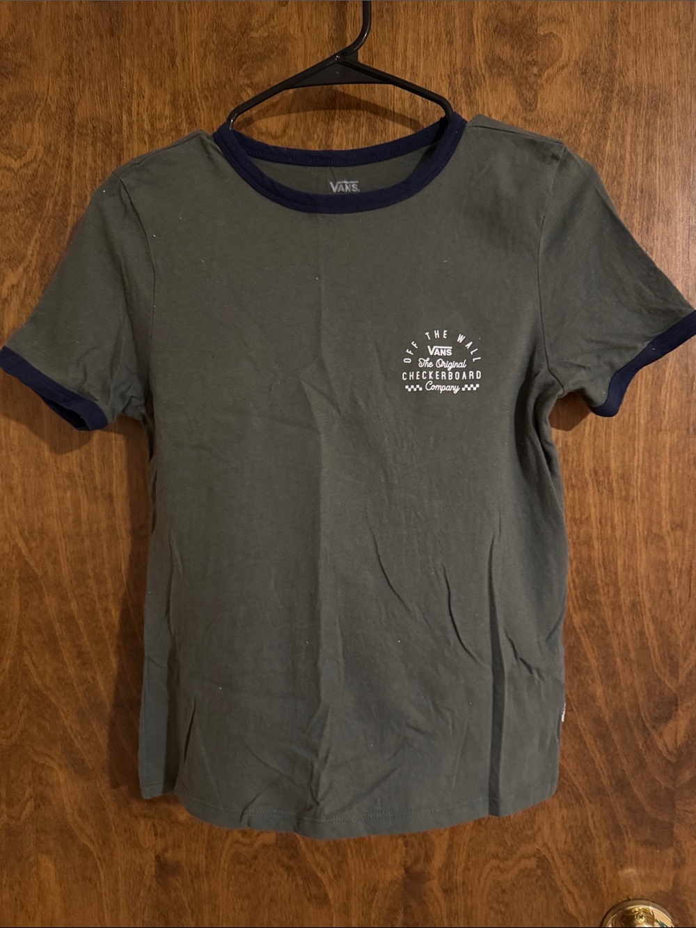 Vans Olive Green Tee with Navy Trim and Chest Graphic
